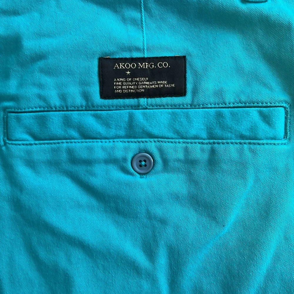 🧵42W 9” Inseam — Men's Teal Akoo Shorts | Raw Hem | Zipper & Button Closure